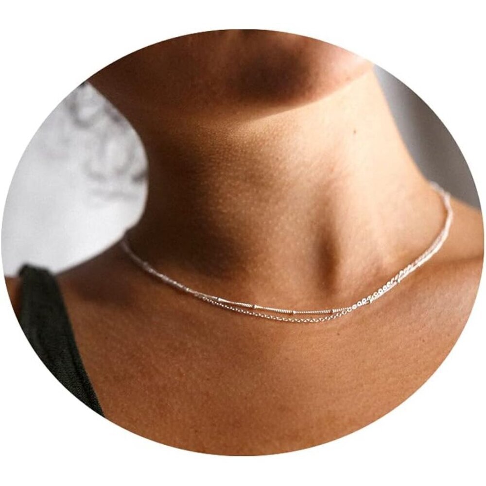 Dainty Satellite Choker Necklace for Women, Layered Silver